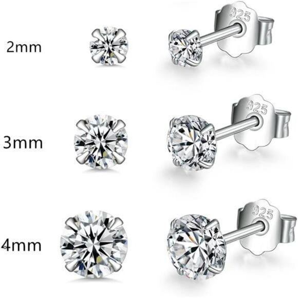 Sterling Silver Hoop Stud Earrings Set 6 Pairs CZ Hypoallergenic Cartilage - Picture 3 of 7
